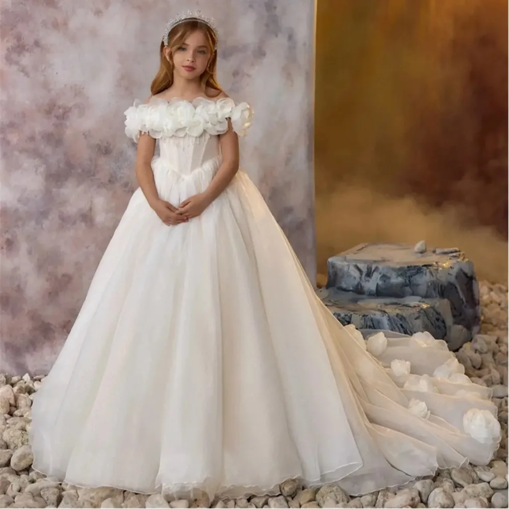 

Elegant Flower Girl Dress For Wedding Off The Shoulder Applique Flower Customized Baby Birthday Party Gown First Communion Dress
