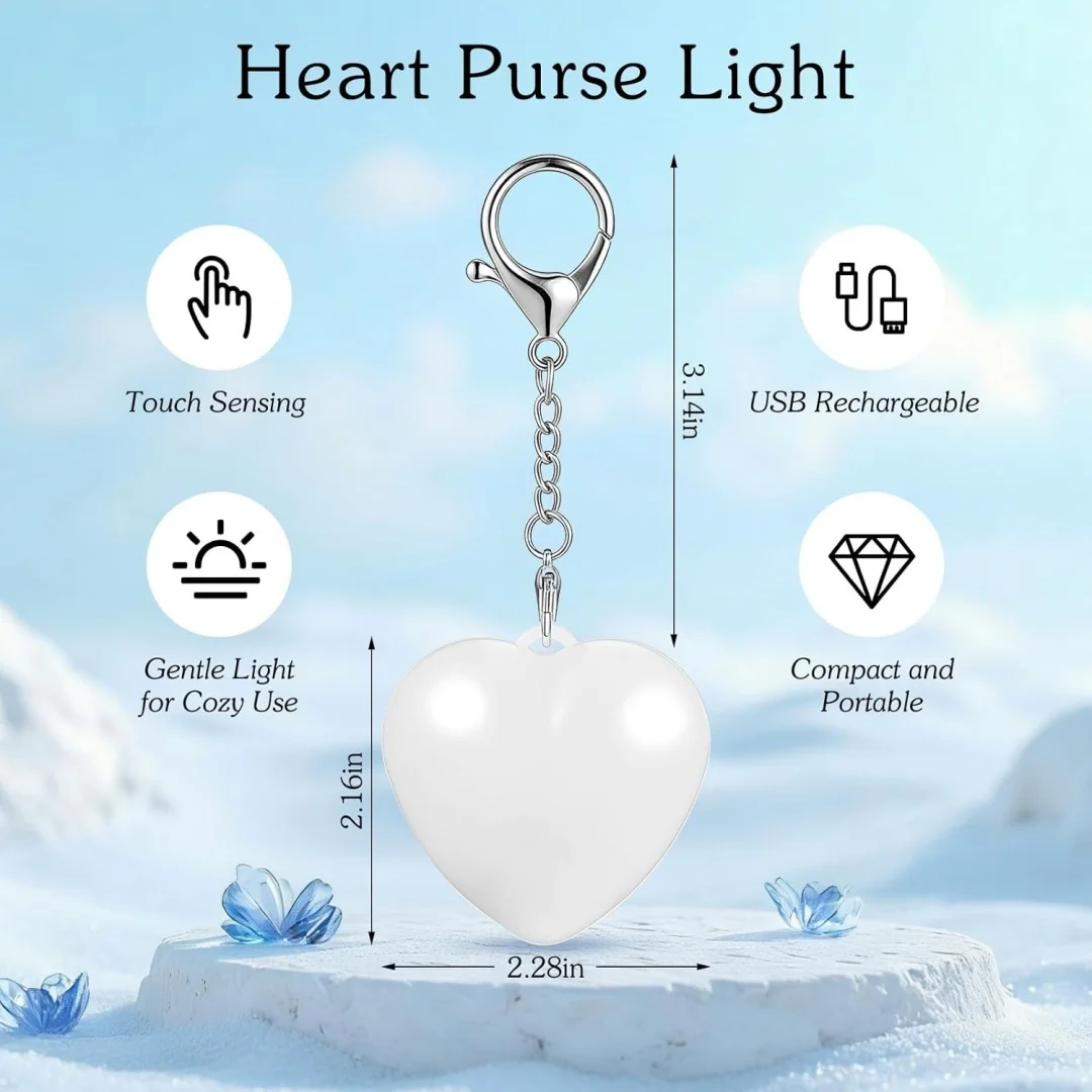 

Purse Light with Auto Sensor, Touch Control, Rechargeable Heart Shaped Handbag Light for Inside Purse, Perfect Valentine Gifts for Women (White 1pc)