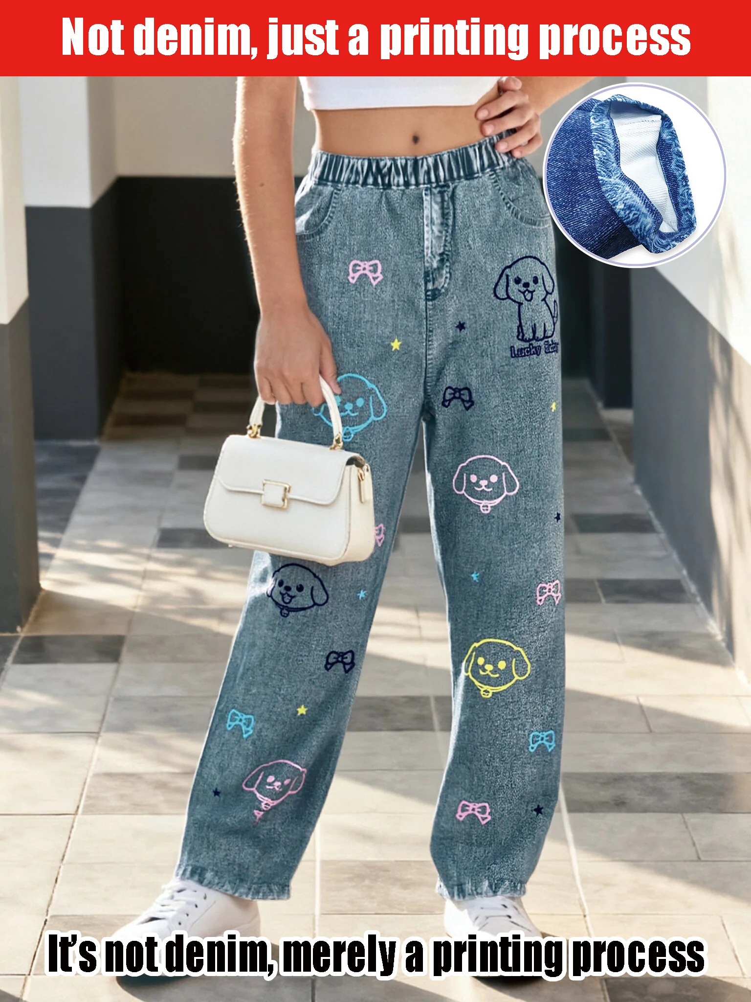 

Girls High-Waisted Wide Leg Pants Cute Puppy Print Faux Denim Jeans Loose Casual Straight-Leg Simulated Denim