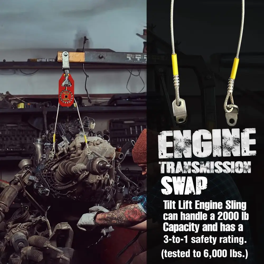 Tilt Lift Engine Hoist Sling 1 Ton Capacity Single-Hand Operation 45° Tilt Transmission Removal Easy 6000 lbs Safety Test