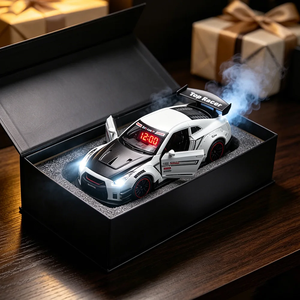 1SET Sports Hyper Car Alarm Clock, Alloy Body Remote Control Alarm Clock with Engine Sound, Spray Effect, LED Light