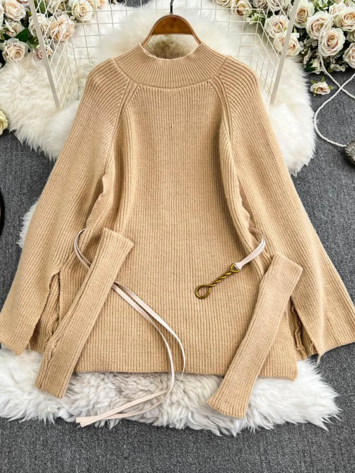 Women Cape Cloak Knitted Sweater Long Semi-turtleneck Pullover Sweater Coat  Lace-up Shirt Jumper Tops