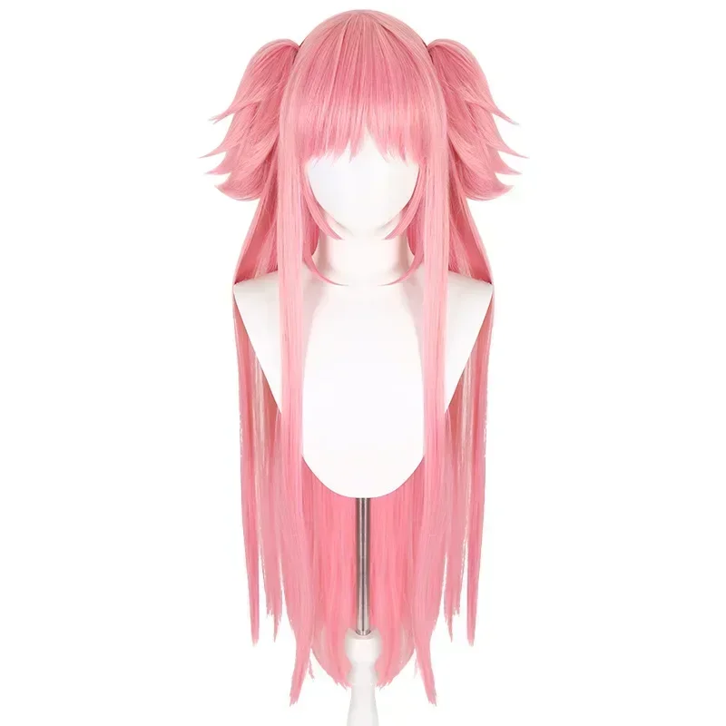 Wig Cosplay Madoka Magica Merah Muda dengan Poni Wig Lurus Panjang Sintetis Wig Gadis Ajaib Cosplay Ekor Kuda Ganda Mdoka Utama