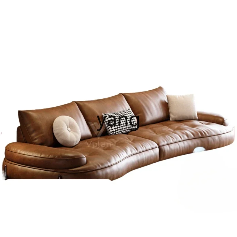 LH retro leather sofa small apartment curved cowhide sofa living room minimalist modern designer