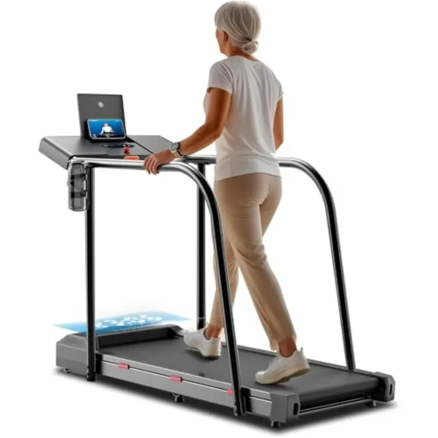 Treadmill for Seniors with Long Handrails, Emergency Stop Button, Steel Frame, Black, Low-impact Workout Support
