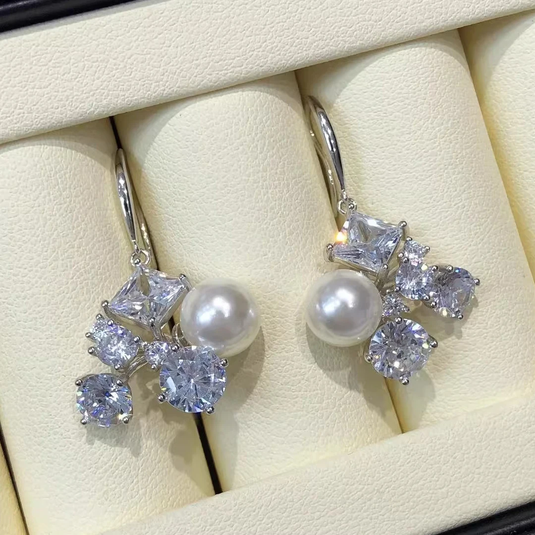 

MeiBaPJ 8mm Natural Nearround Pearls Fashion Zircons Drop Earrings 925 Silver Fine Wedding Jewelry for Women