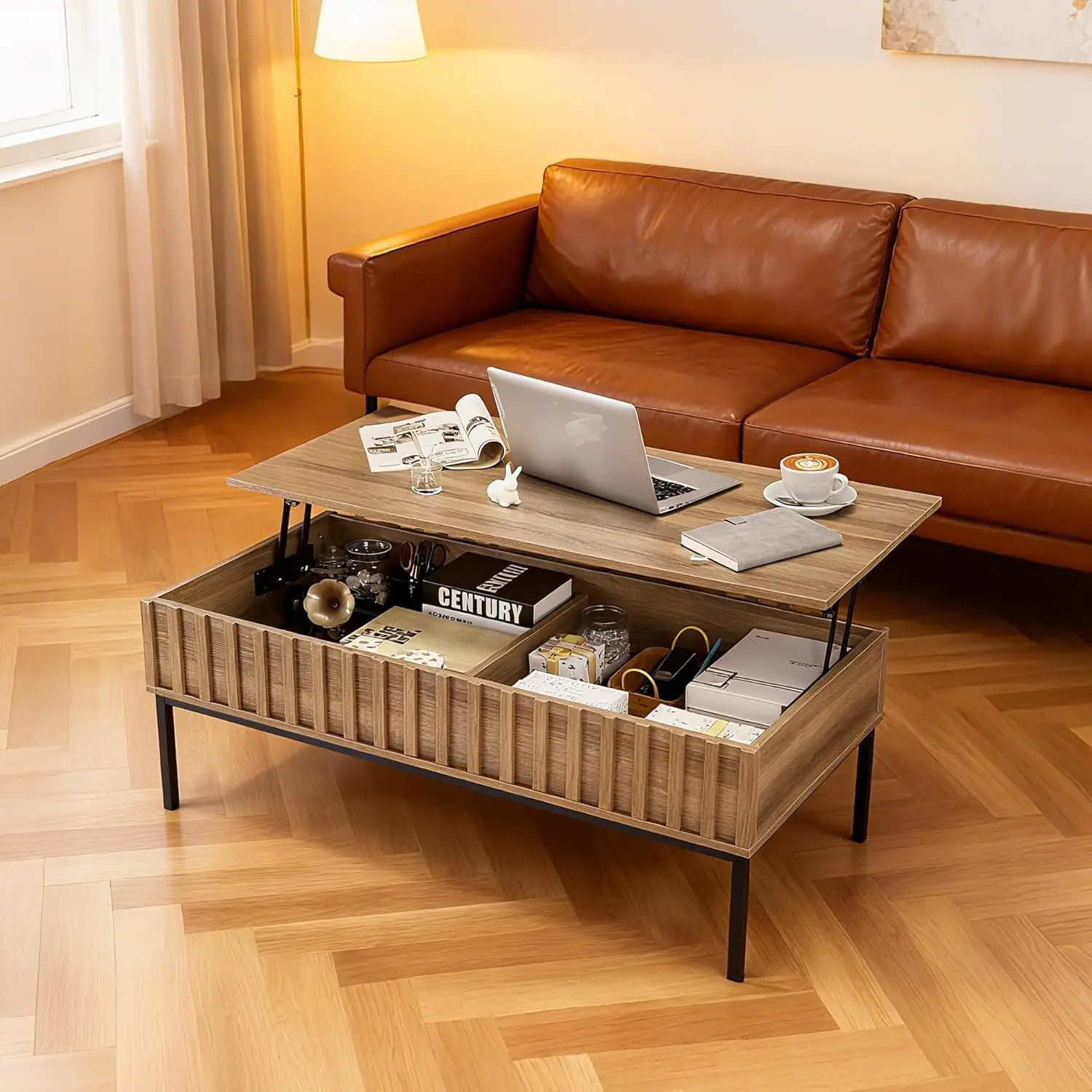 43" Farmhouse Lift-Up Top Coffee Table - Brown Wood Table with WavyGrain&HiddenStorage Compartment,Living Room/Office Furniture