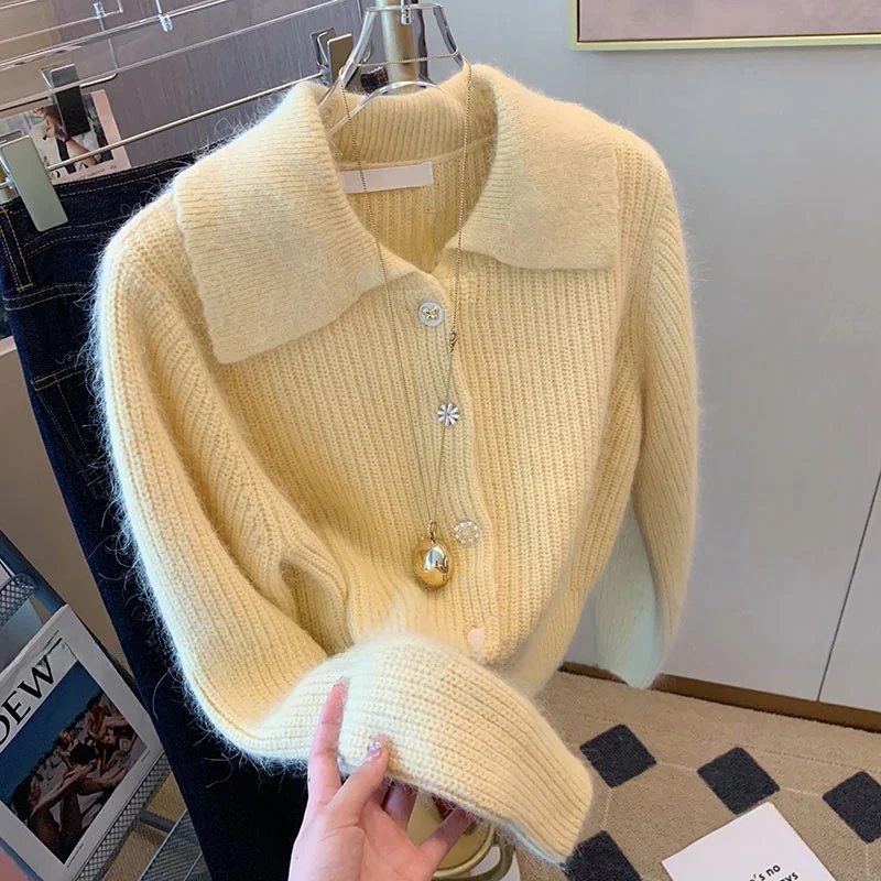 

Soft Cozy Yellow Knitted Neck Sweater Coat for Women Autumn Winter New Style Fashionable Short Sweater Thickened Long Sl...