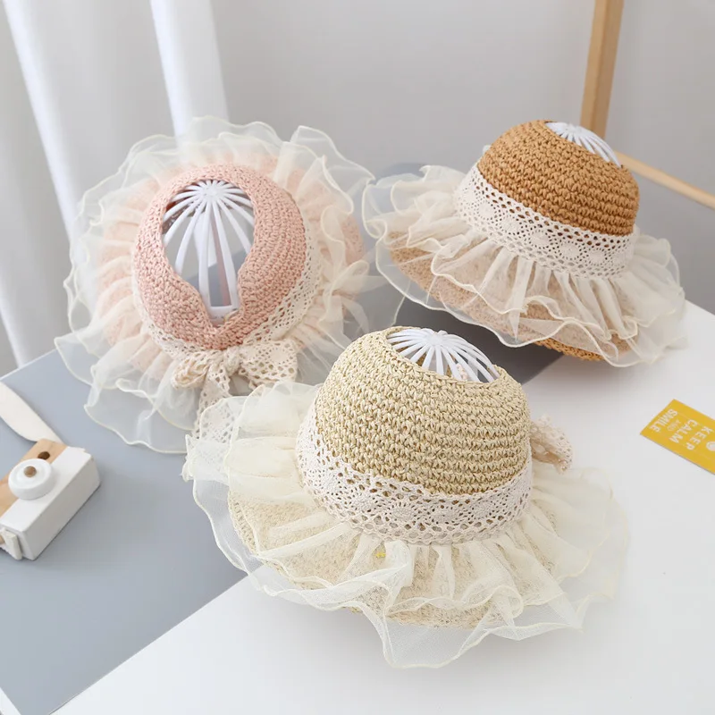 Summer Children's Straw Hat Children's Lace Streamer Empty Top Sun Hat Foldable Sun Hat Beach Sun Protection Sun Hat