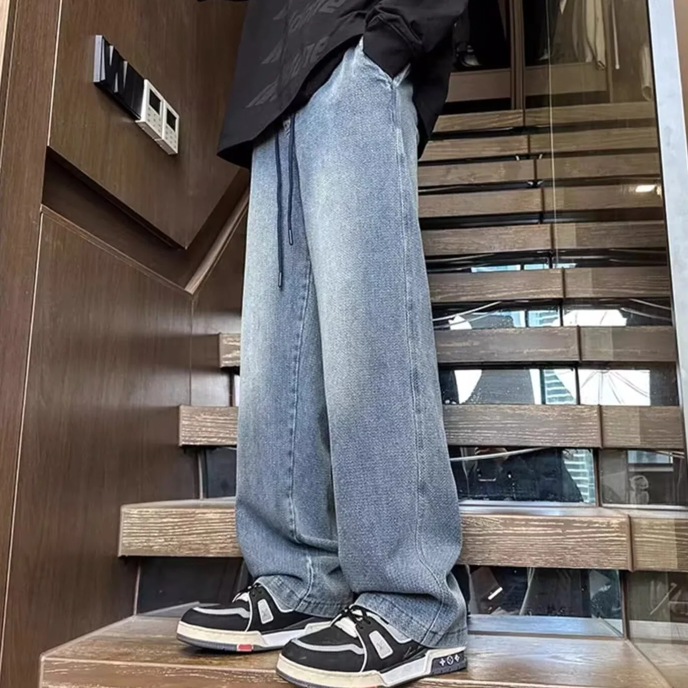 

Весенне-осенние свободные мужские джинсовые джинсы со звездной талией, повседневные длинные брюки High Street Vibe, корейский размер, большие размеры