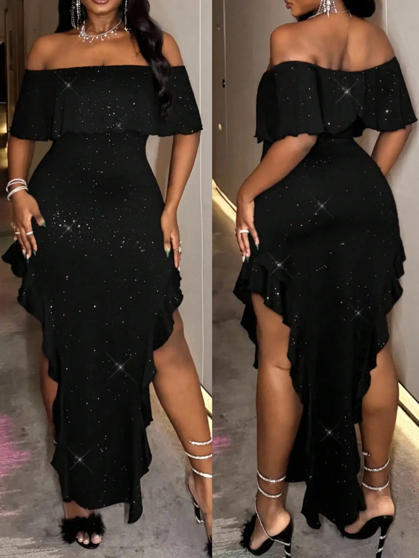 

Elegant Off Shoulder Black Bodycon Dress with High Slit and Ruffles for Parties Weddings Formal Events