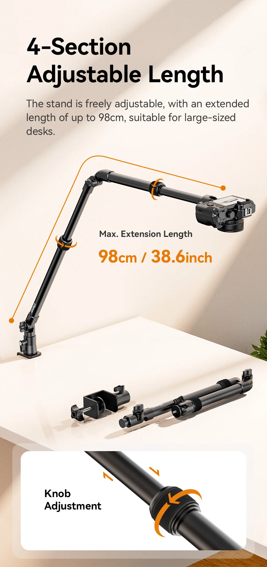 Ulanzi zj02 kamera schreibtisch halterung mit halte arm 4,8 cm c-klemme flexible verstellung verlängern bis 65cm arm für stillleben fotografie – Detail 7