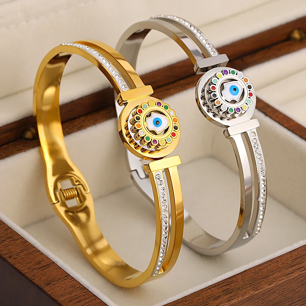 Greatera Trendy Rotatable Colorful Evil Eye Charm Stainless Steel Bangles Bracelet for Women Gold Plated Waterproof Jewelry 2024