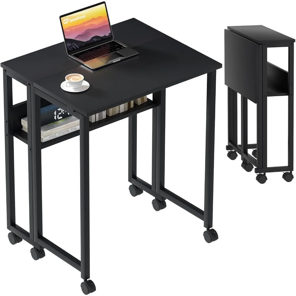 

Folding Desk Small Rolling Desk with Storage Shelf,24.8 inch Foldable Computer Desk with Wheels for Small Space,Easy Assembly,B