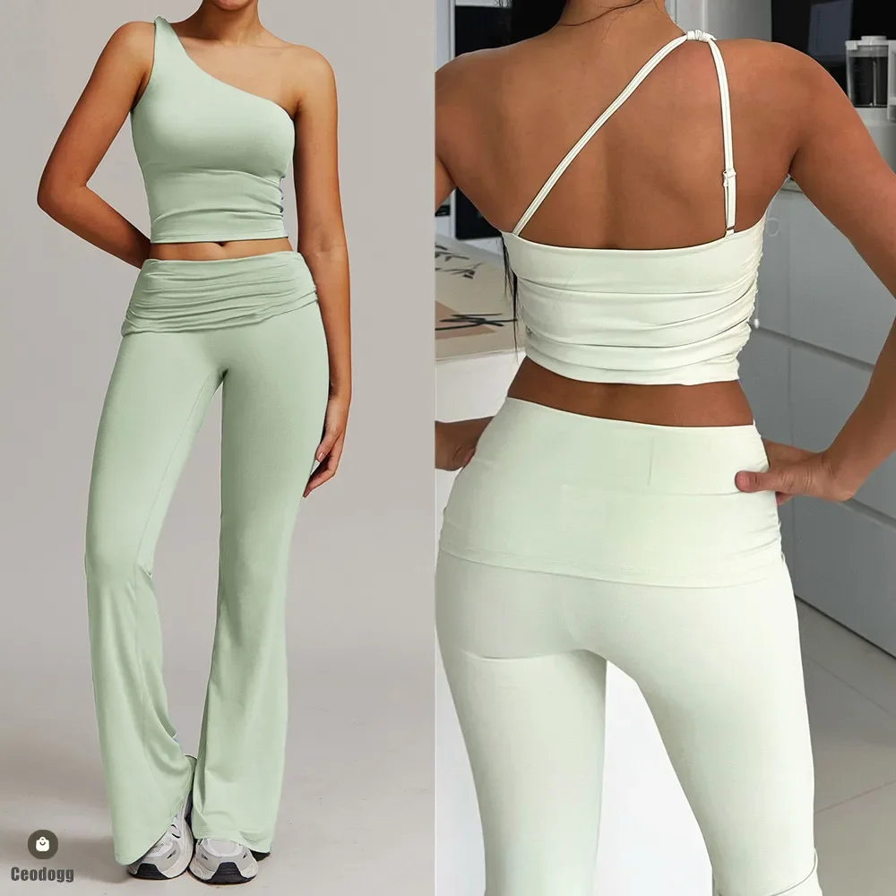 

Smaller 1/2Pcs One Shouler Strap Yoga Set Women Fold High Waist Leggings Gym Tracksuit Fitness Workout Outfits Athletic Wear