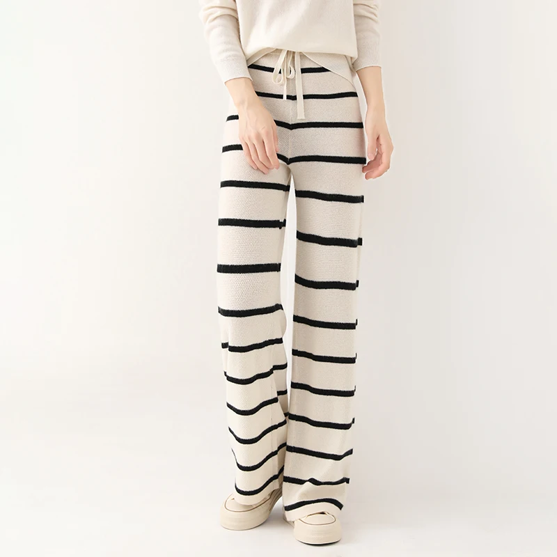 100% Merino wool women's striped autumn and winter thick style casual and fashionable knitted wide leg pants wool pants