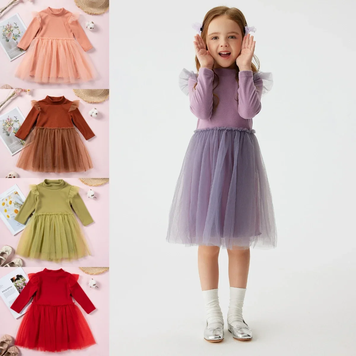 Cute Baby Girls\' Spring and Autumn Dress Solid Color Long Sleeve Dress Children\'s Gift Girls\' Party Dress Daily Dressing