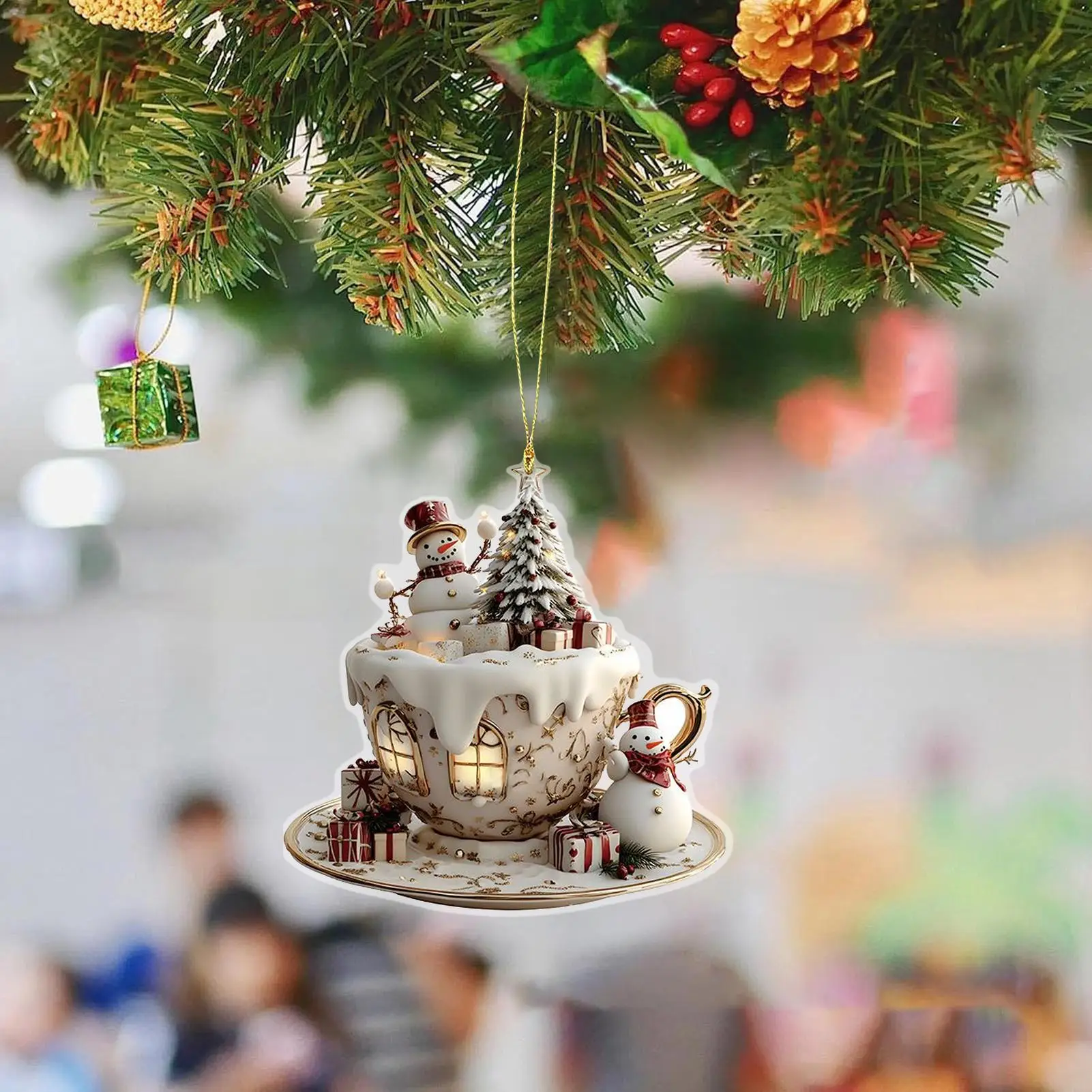 فنجان القهوة الحلي لشجرة عيد الميلاد 2D الاكريليك عيد الميلاد الثلوج منازل الشوكولاته القدح قلادة شجرة عيد الميلاد وديكور السيارة #2