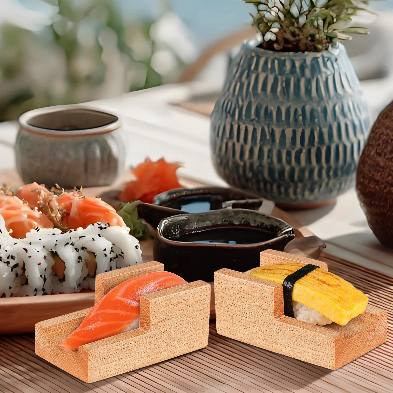 

Wood Sushi Roll Holder Japanese Style Sushi Rack Flat Slot Taco Stand Sashimi Display Reusable Serving Tray for Restaurant Hotel