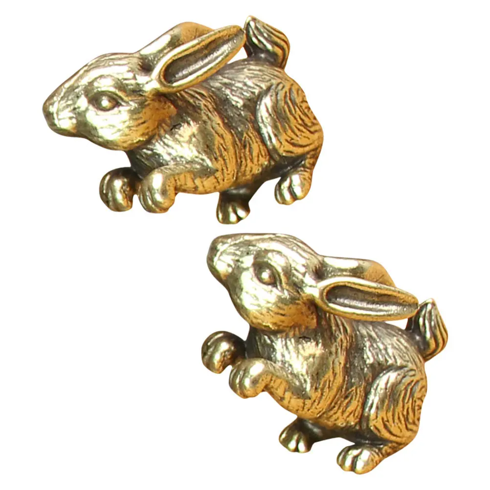 

2Pcs Retro Brass Mini Bunny Statues Vintage Rabbit Desktop Decorations Small Animal Sculptures Brass Home Ornament