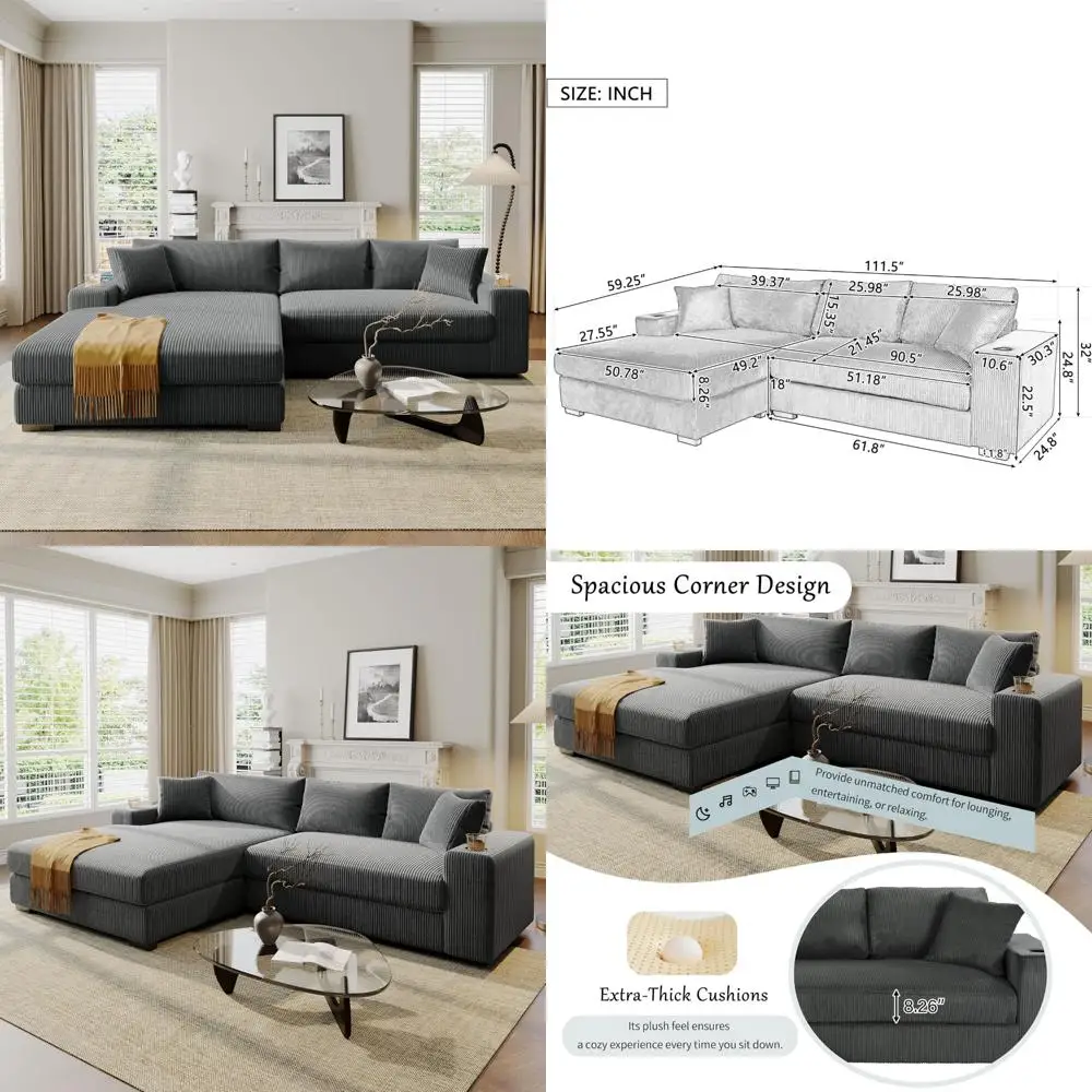 

Modern Plush Corduroy L-Shaped Sectional Sofa with Chaise Lounge, Extra Large Size, Dual Cup Holders, USB/Type-C Charging Ports,