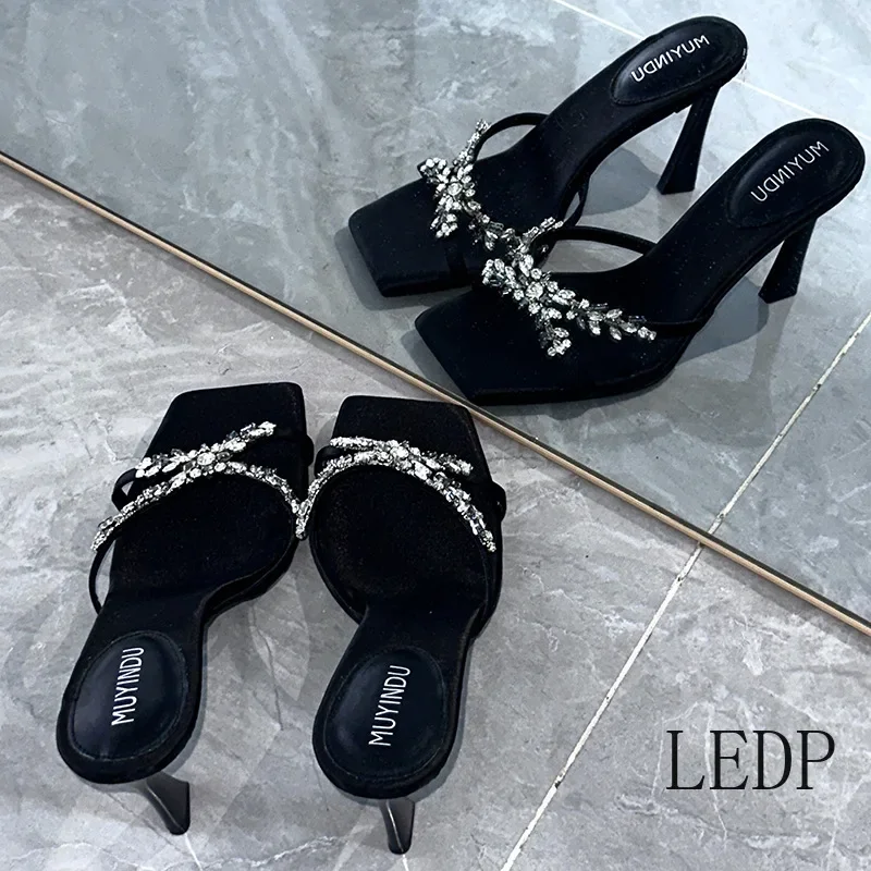 اصبع القدم مربع يتعرض مزاجه الراقية الصليب حجر الراين أحذية عالية الكعب قطعة واحدة حزام نصف الصنادل السحب #3