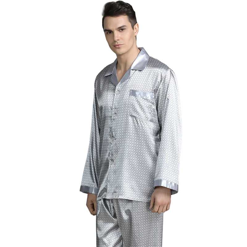 Men's Printed Polka Dot Silk Satin Pajamas Set Summer Long Sleeves Pyjamas Men Sleepwear Home Wear Clothes