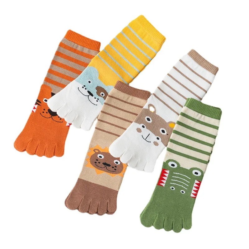 5 Pairs Kids Cartoon Calf Socks with Toes Cute Animal Printed Socks Baby Boys Girls Soft Combed Cotton Novelty 5 Finger Socks