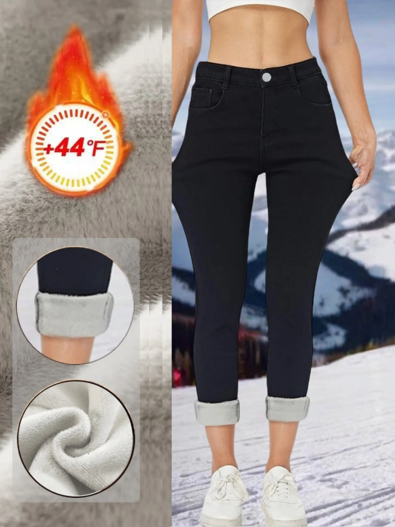 High Waist Stretchy Pure Black Slim Fit Thickened Warm Versatile Women's Fleece Lined Jeans