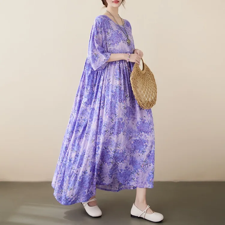 Plus Size Bohemian Print Maxi Long Dress for Women Floral Casual Cotton Linen Loose Vintage Vestidos Para Mujer Robe Dresses
