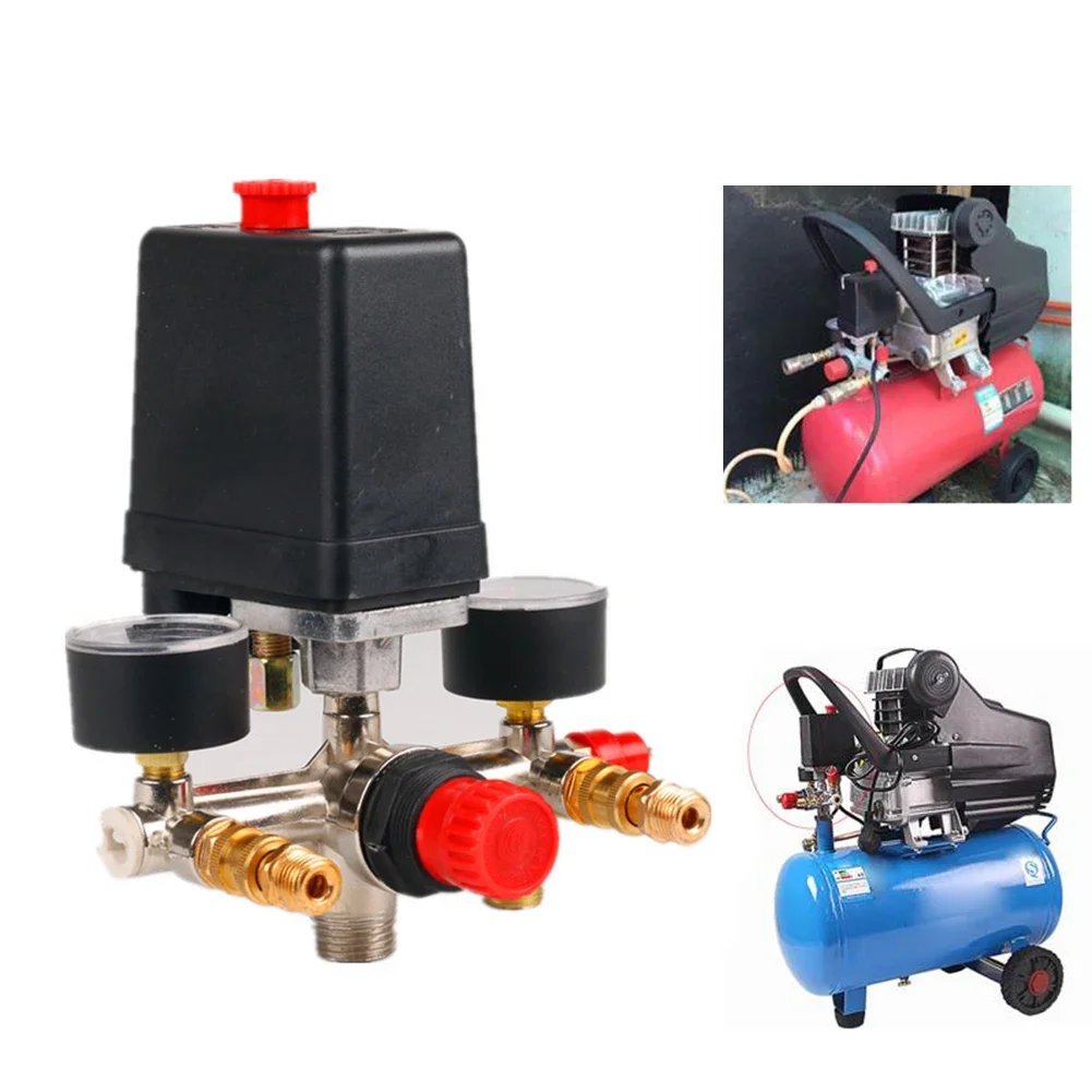 

Pressure Switch Manifold Regulator Gauges Air Compressor Pressure Switch Control Valve 90-120PSI 220V Aluminum Alloy Bracket