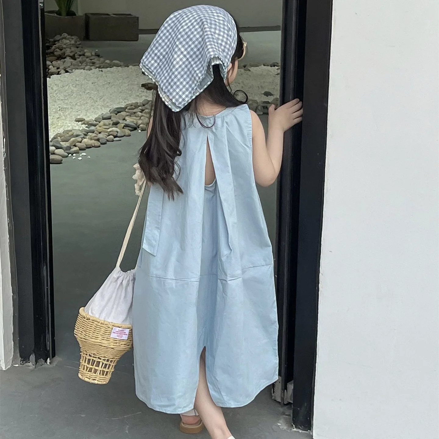 2024 Summer Korean Childrens Wear New Product Girl Style Tank Top Dress Fashionable Sleeveless Blue Gentle Dress