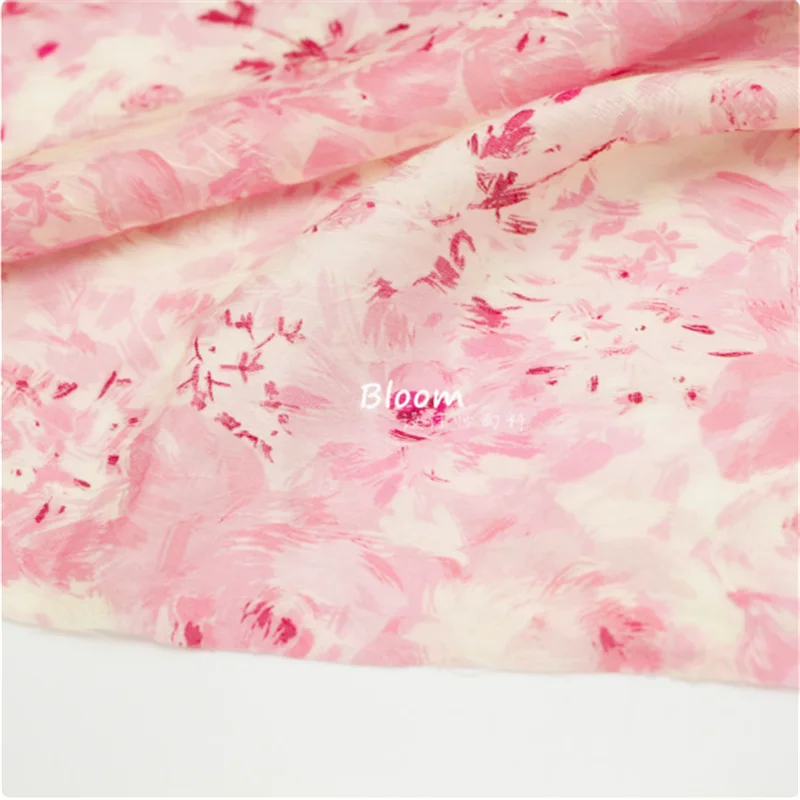 Thin and translucent beige+peach pink rose printed jacquard Tencel linen fabric Hanfu Qipao fabric