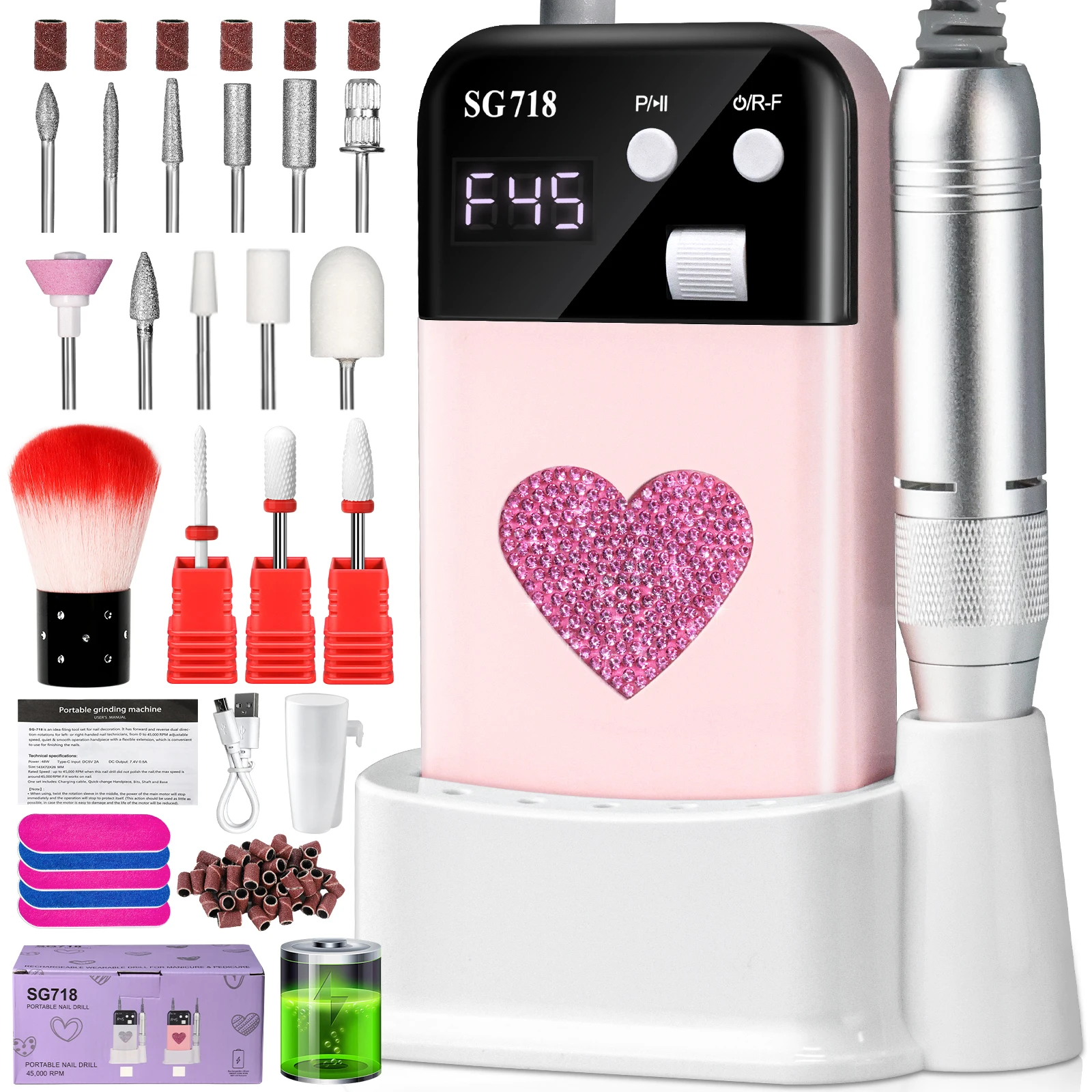 

LIMEGIRL 45000RPM Electric Nail Drill Rechargeable Low Noise Nail File Professional Nails Polish for Manicure Salon Tools