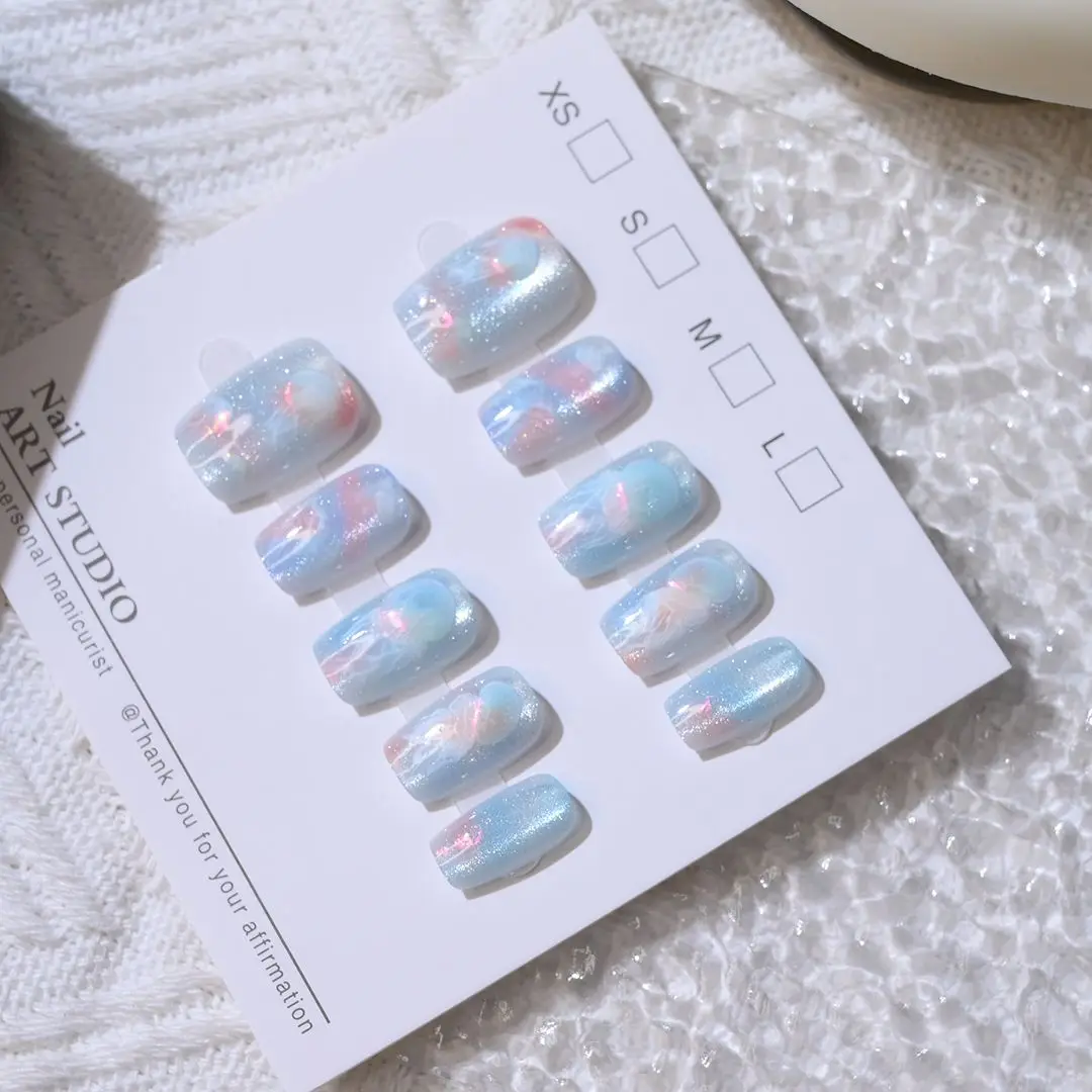 10 stuks vrouwen meisjes dromerige vissenstaart kwallen nieuwe handgemaakte cat eye druk op nagels afneembare tiener draagbare nail art nepnagels