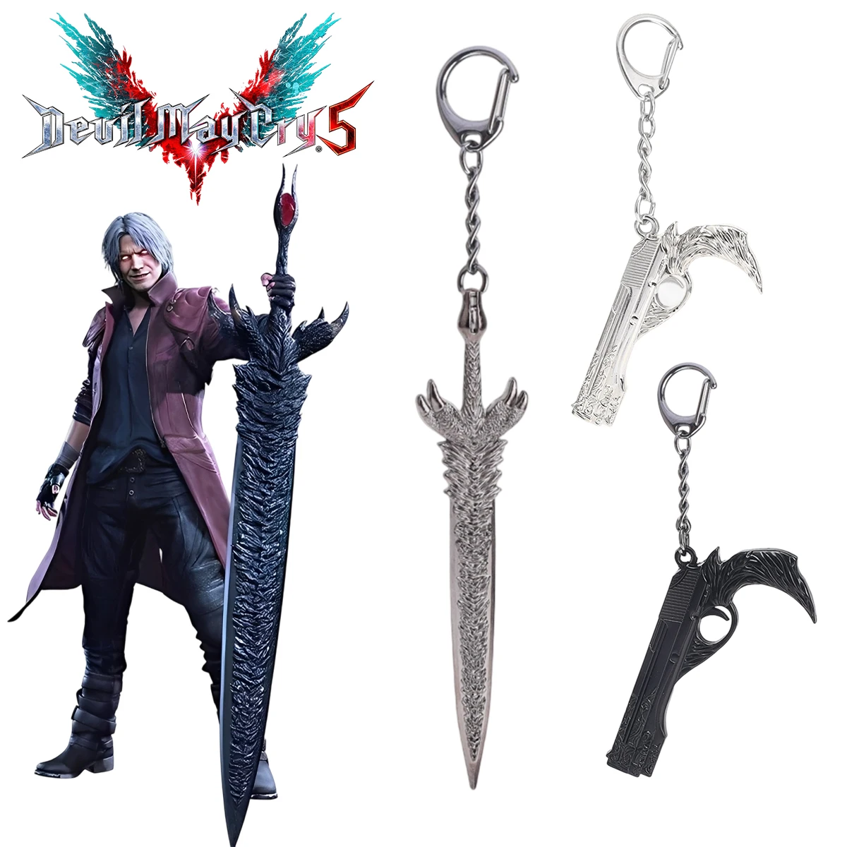 LLavero modelo Demon Sword Dante de 20cm, llavero Devil Cry Devil Cry 5, llavero del mismo estilo, coleccionables para fanáticos del juego, regalo de joyería para hombres y mujeres