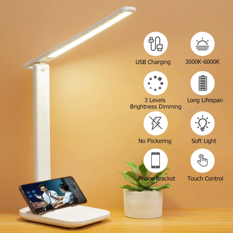 Table Lamp USB Touch Dimmable Night Light Folding Student Dormitory Reading Eye Protection Bedroom LED USB Charge Desk Lamp