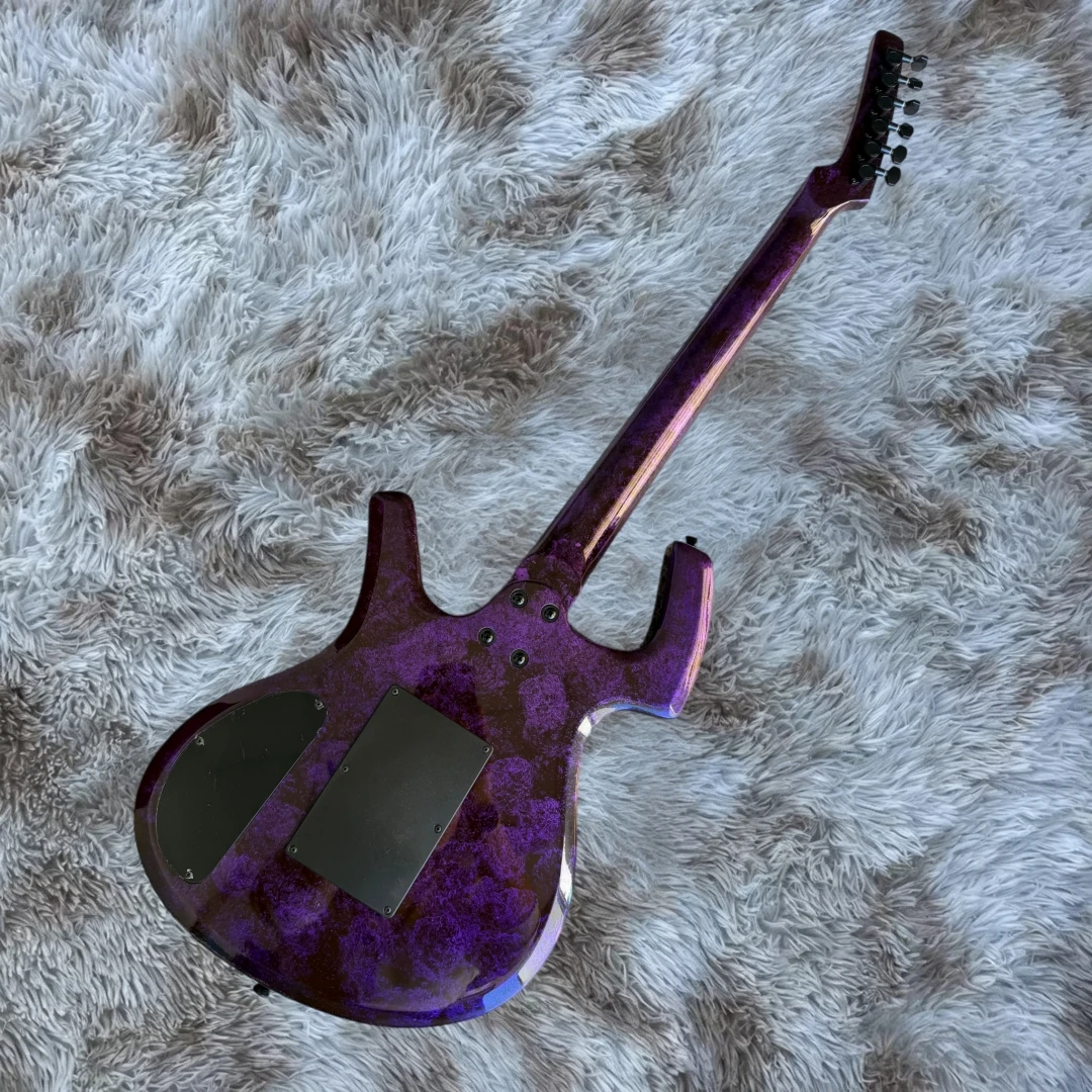 6 String Solid Body Electric Guitar, Gloss Color-Shifting Purple Burl Texture Finish, Dual Humbucker Pickups, Double Locking Flo