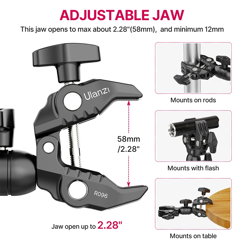 Ulanzi Super Clamp magiczne ramię z gwintem 1/4 3/8 wielofunkcyjny zacisk głowicy kulowej do lampy błyskowej Canon Nikon Sony Speedlight