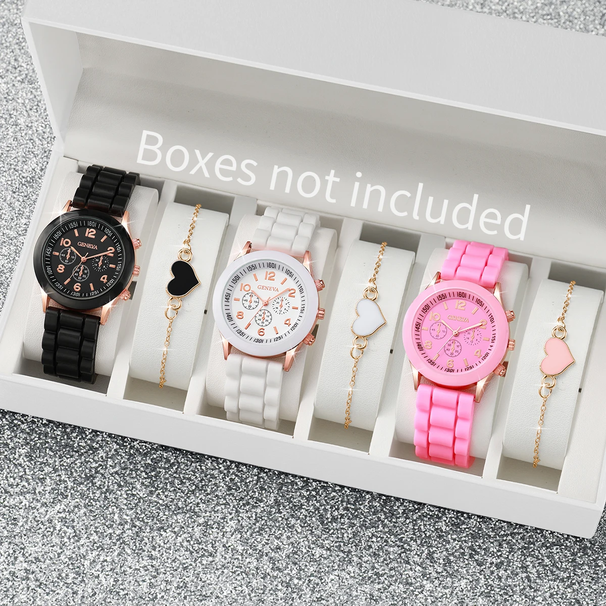 6PCS Fashion Silicone Band Women\'s Watch Arabic Dial Quartz Watches Heart Bracelets Set(Without Box)
