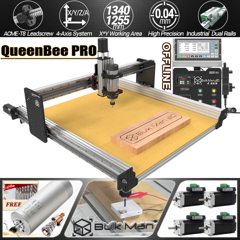 

BulkMan3D QueenBee PRO CNC 4-Axis Engraver Full Kit with DDCSV4.1 Offline Control for Wood Acrylic Metal MDF 2.2KW 3N.m Motors