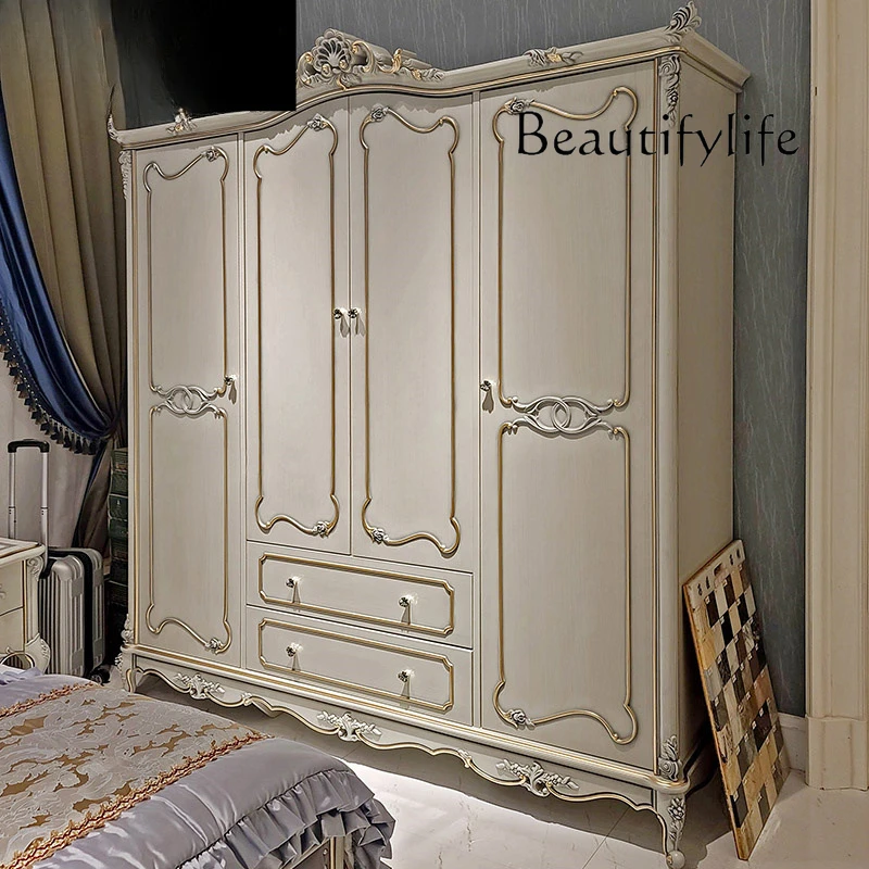 Light luxury neoclassical solid wood wardrobe, European luxury four-door solid wood carved bedroom locker