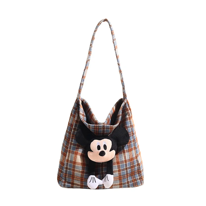 Disney autumn and winter Mickey Mouse retro fashion portable women's bag cartoon doll plaid simple versatile shoulder bag