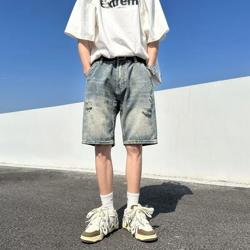 Mens Acid Wash Ripped Patch Distressed Loose Straight Knee Length Denim Shorts