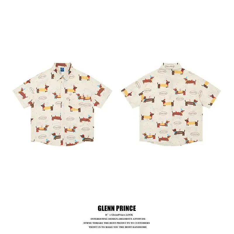 BEIANJI men clothing American retro dachshund full print short-sleeved shirt men's summer vacation casual lazy wind flower shirt