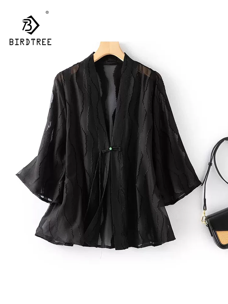 

BirdTree, 100%Real Silk Elegant Coat, Women V Neck Lantern Sleeve, Simplicity Commute Sunscreen Tops, 2024 Summer New C45369QC