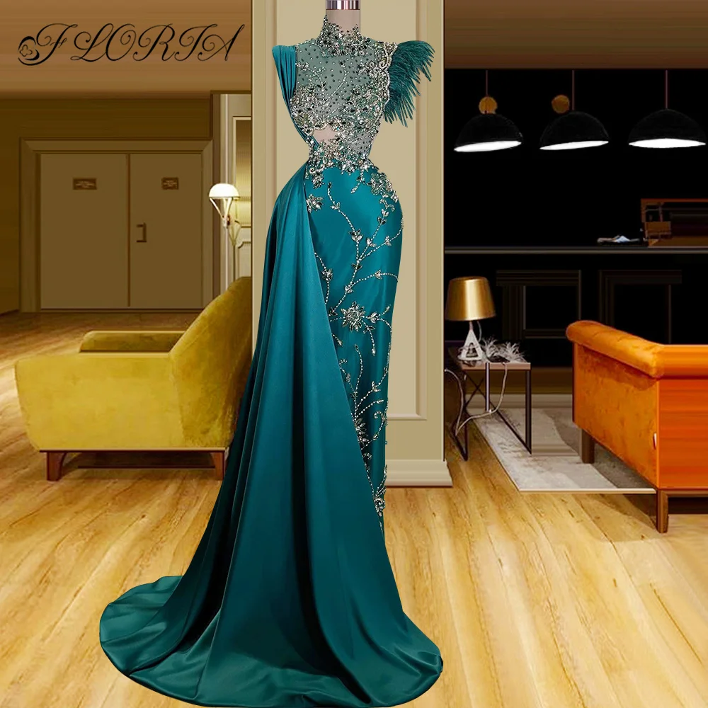 

Luxury Green Crystal Mermaid Evening Dresses With Side Train Beads Rhinestone Feather Prom Gown For Dubai Woman Robe De Soiree