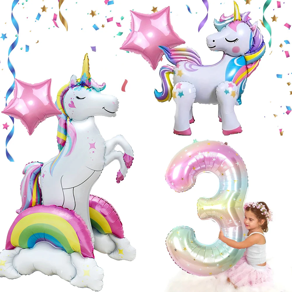 Globos de aluminio con números de cumpleaños coloridos de unicornio de pie gigante para niños y niñas, suministros mágicos de decoración para fiesta de unicornio arcoíris
