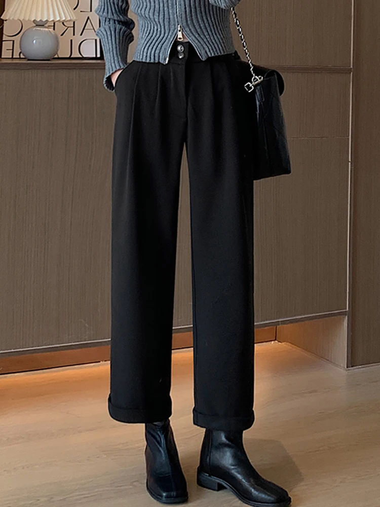 

Woolen Wide Leg Curled Edges Ankle Length Pants Autumn Winter Thick High Waist Straight Casual Pants Solid Color Versatile New