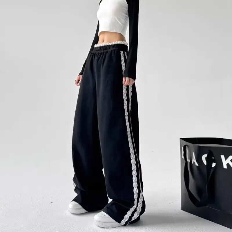 Women's Lace Edge Striped Splicing Pants Y2K Korean Edition Harajuku High Waist Sports Street Dance Loose Wide Leg Pants Clothes